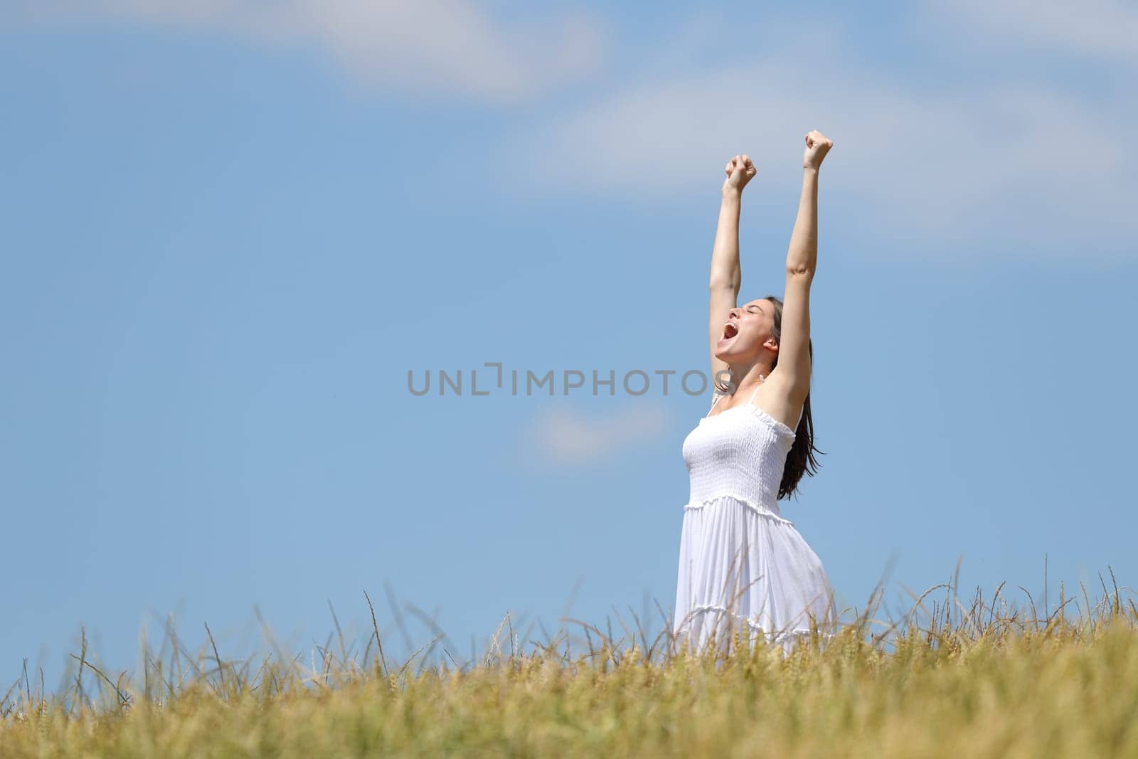 Excited woman celebrating summer vacation raising arms in a wheat field