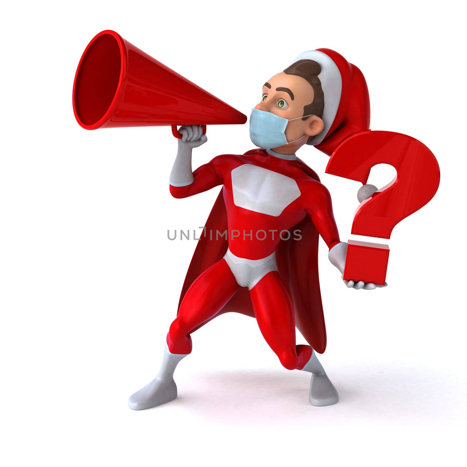 Fun 3D illustration of a cartoon Santa Claus with a mask