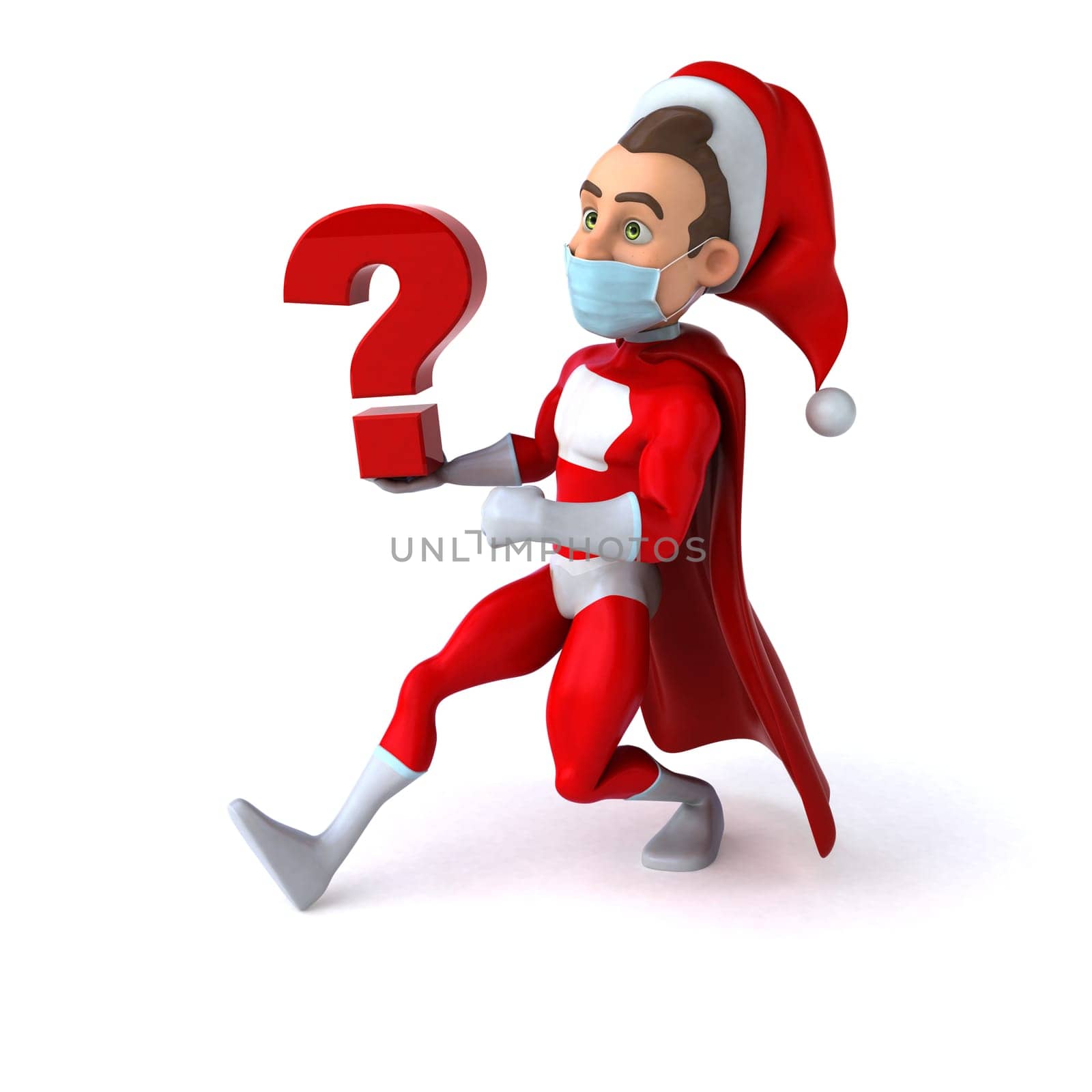 Fun 3D illustration of a cartoon Santa Claus with a mask