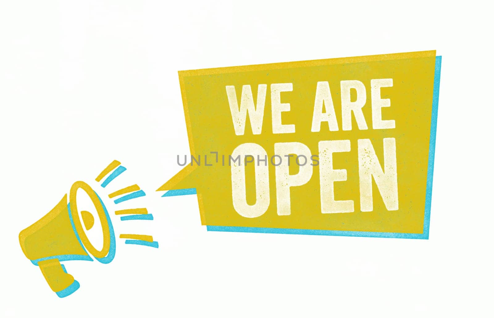 Stamp with a megaphone and a speech bubble - We are open