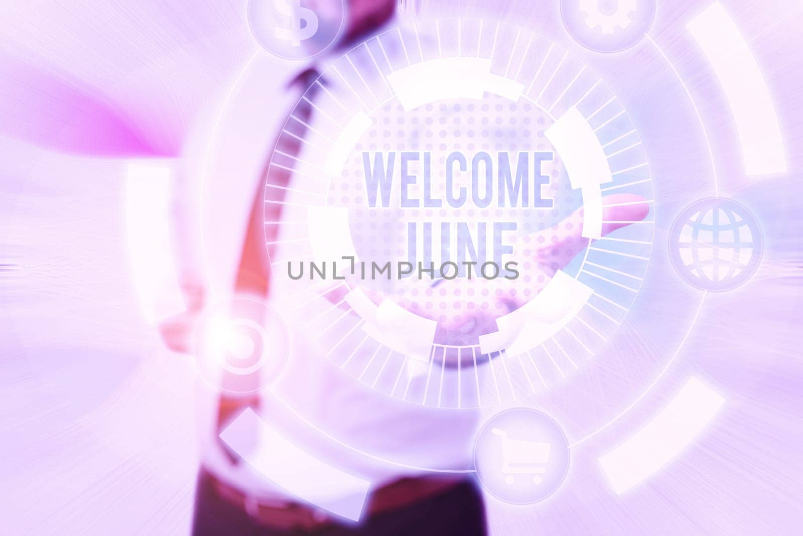 Text sign showing Welcome June, Business idea Calendar Sixth Month Second Quarter Thirty days Greetings Gentelman Uniform Standing Holding New Futuristic Technologies.