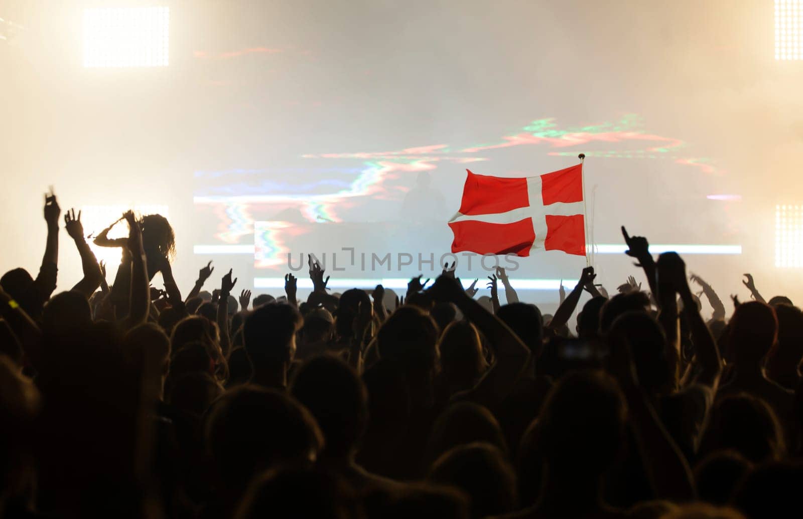 Football fans supporting Denmark - crowd celebrating in stadium with raised hands against Denmark flag