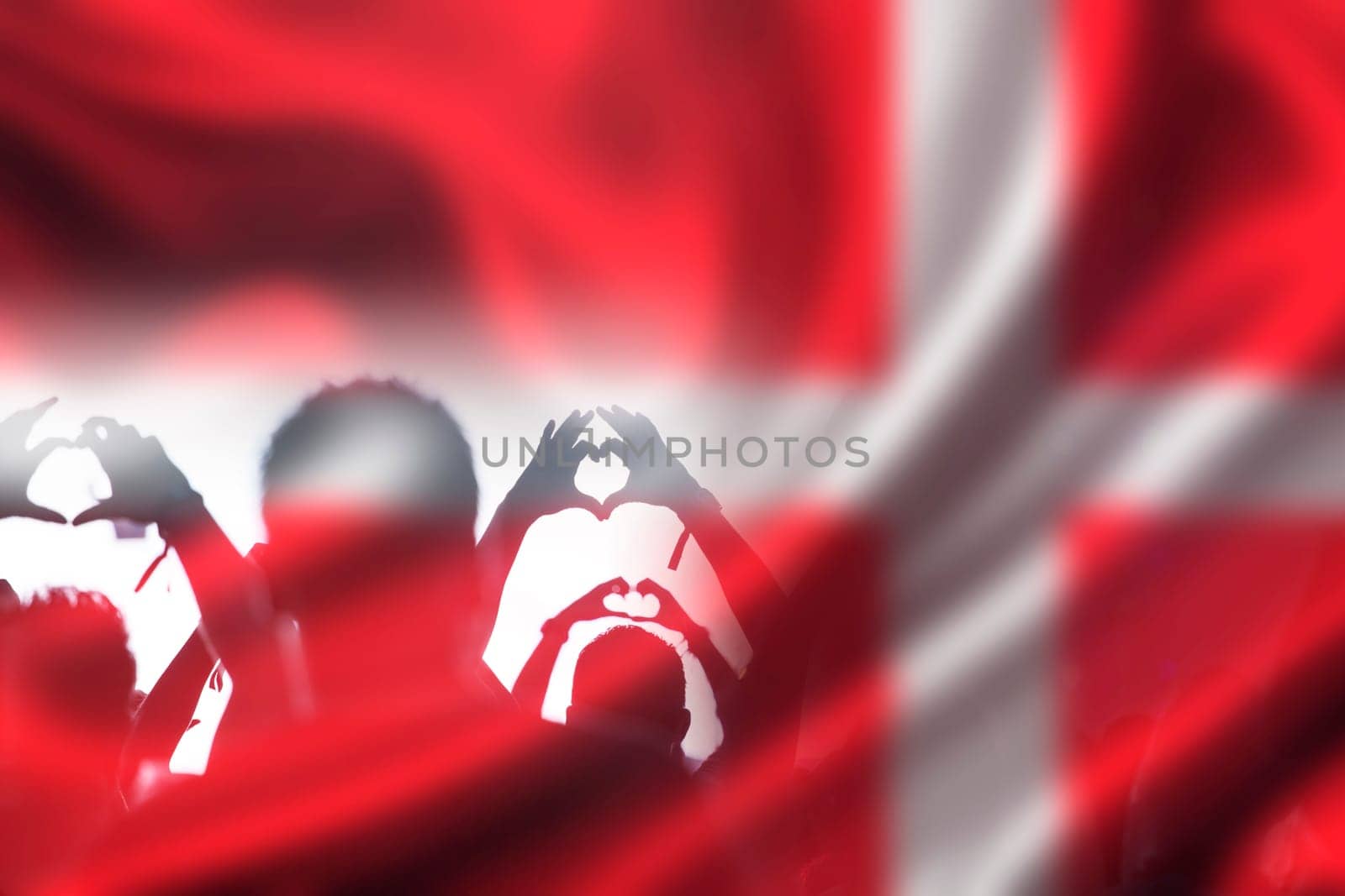 Football fans supporting Denmark - crowd celebrating in stadium with raised hands against Denmark flag
