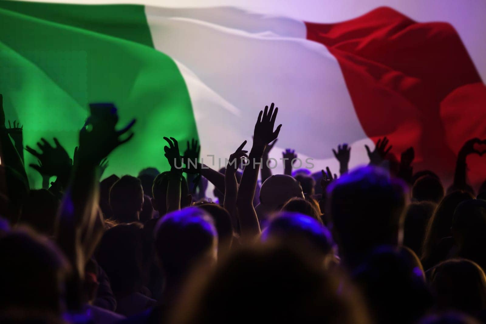 Football fans supporting Italy - crowd celebrating in stadium with raised hands against Italy flag
