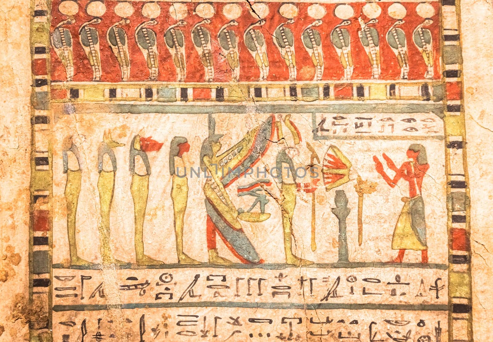 TURIN, ITALY - CIRCA MAY 2021: Egyptian archaeology. Ancient hieroglyphyc,  ca. 580 BC, with Isis and the four sons of Horus