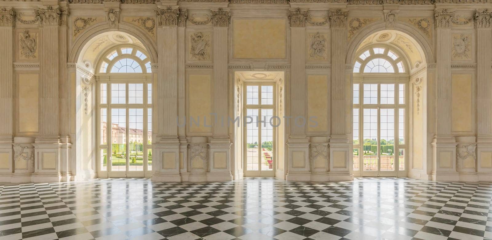 VENARIA REALE, ITALY - CIRCA MAY 2021: corridor with floor made of luxury marbles. Plenty of elegance for this Italian interior in Venaria Reale, Piedmont region.