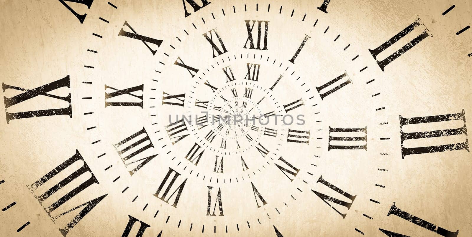 Droste effect background with infinite clock spiral. Abstract design for concepts related to time and deadline.