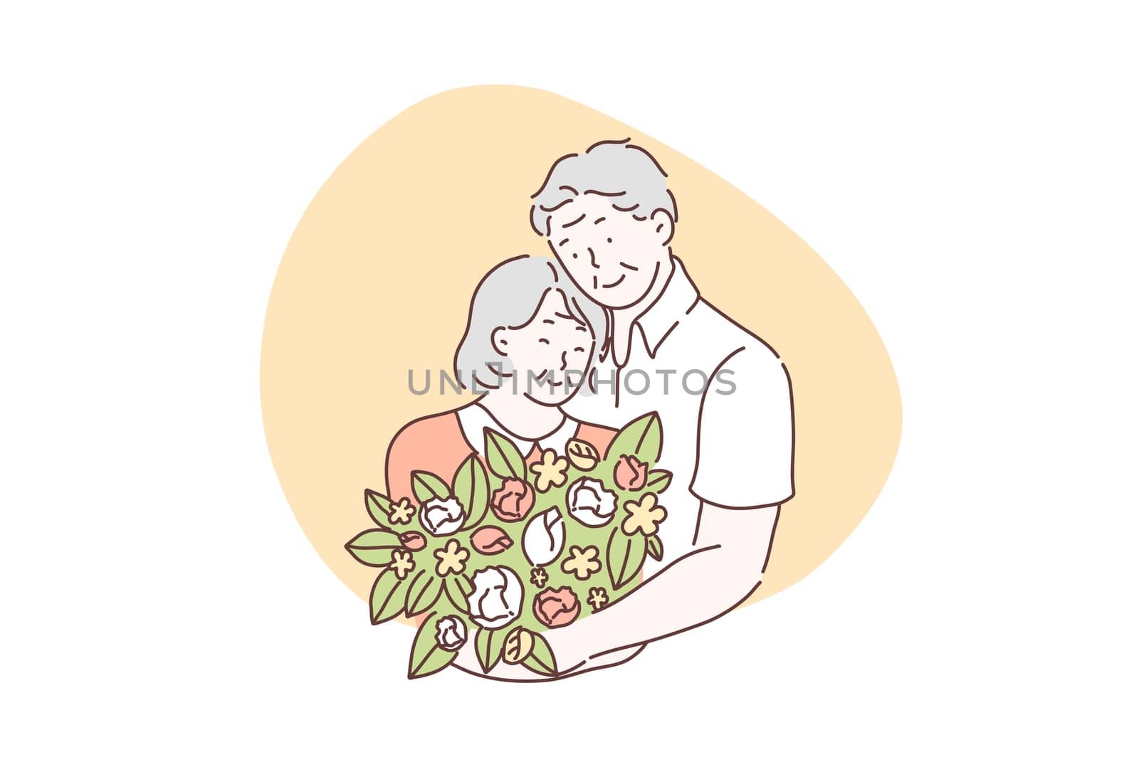 Love, friendship, together, Valentines day concept. Couple adorable aged man and woman meet. Elderly people, pensioners celebrate anniversary holiday. Vector flat design.