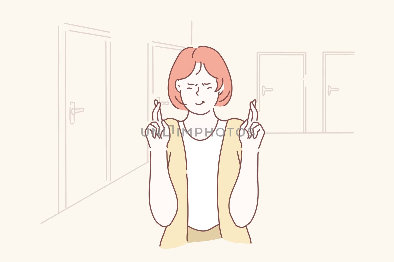 Desire, Expectation, Win, Hope, Dream concept. Teenager Girl Schoolgirl Student waits for good news. Young joyful, dreamy woman fingers crossed, makes wish. Vector flat design.