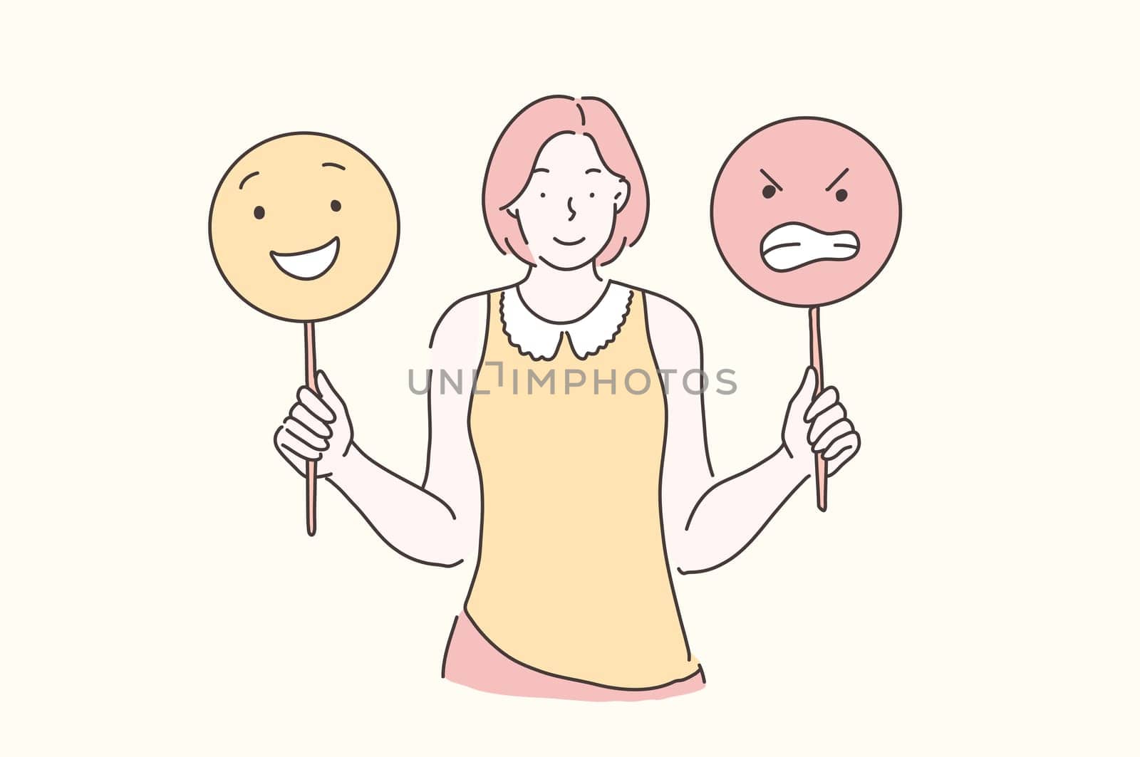 Manage Emotions, Training, Mood concept. Young beautiful woman teaches develops emotional intelligence. Teenager girl holding emoticons. Vector flat design.