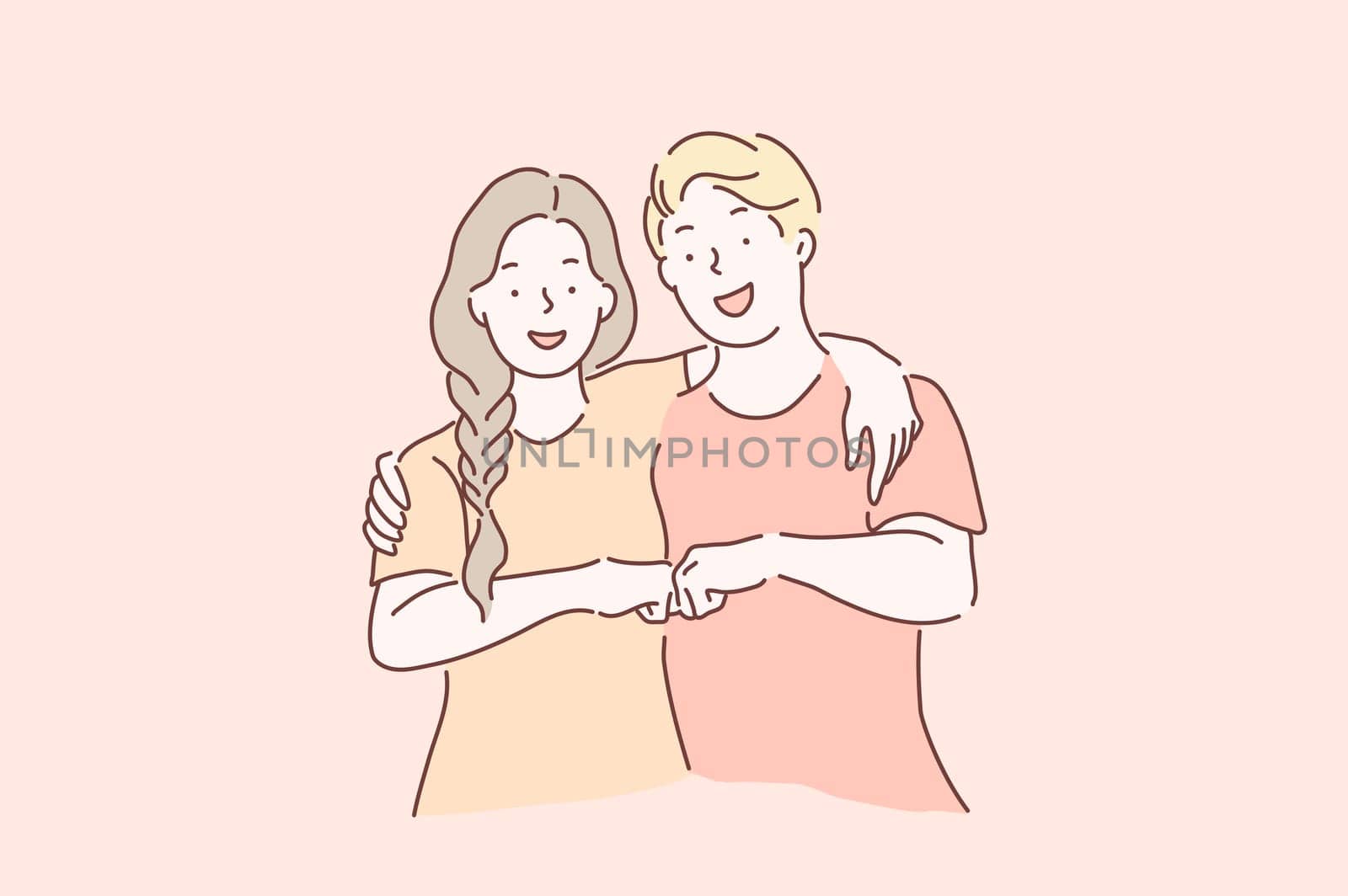 Cooperation, together, friendship, teamwork concept. Young satisfied overjoyed man and woman have success in project work, find agreements. Meeting of friends. Vector flat design.