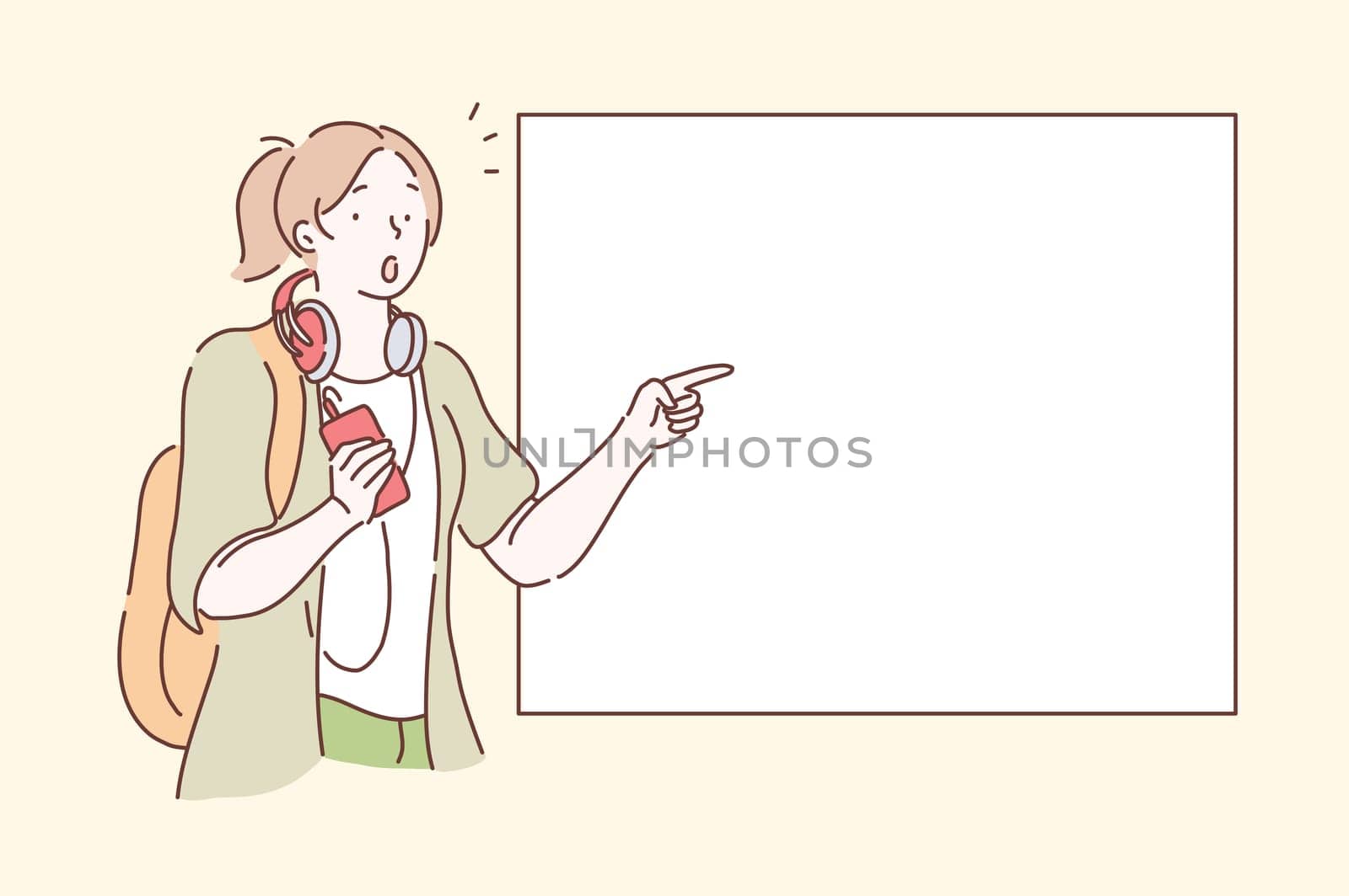 Surprise, Advertising, Promotion concept. Young, modern, happy, surprised woman holds mobile phone, points at copy space for label or brand name. Teenager girl freelancer journey advertises. Vector flat design.