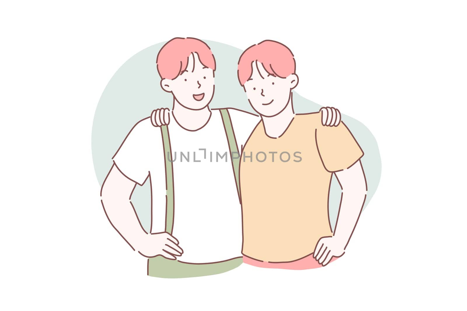 Brotherhood, friendship, partnership concept. Two twin brothers embrace each other. Guys are friends standing together.