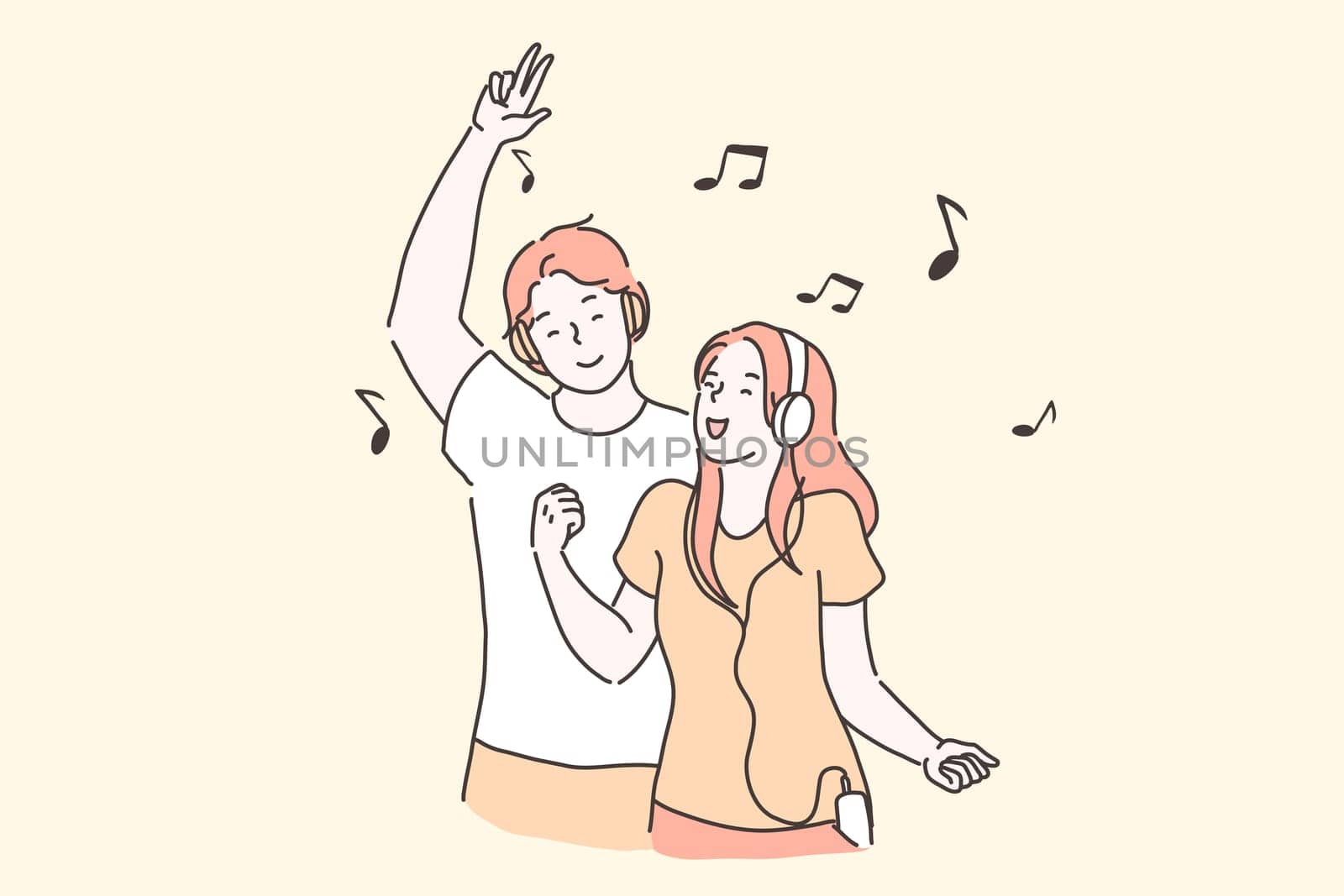 Party, Pleasure, Favorite hits concept. Young modern Man and Woman, Students, Bloggers, Vloggers dance relax listen to your playlist with the best tracks. Cheerful teenagers boy and girl in headphones emotionally moving. Vector flat design.