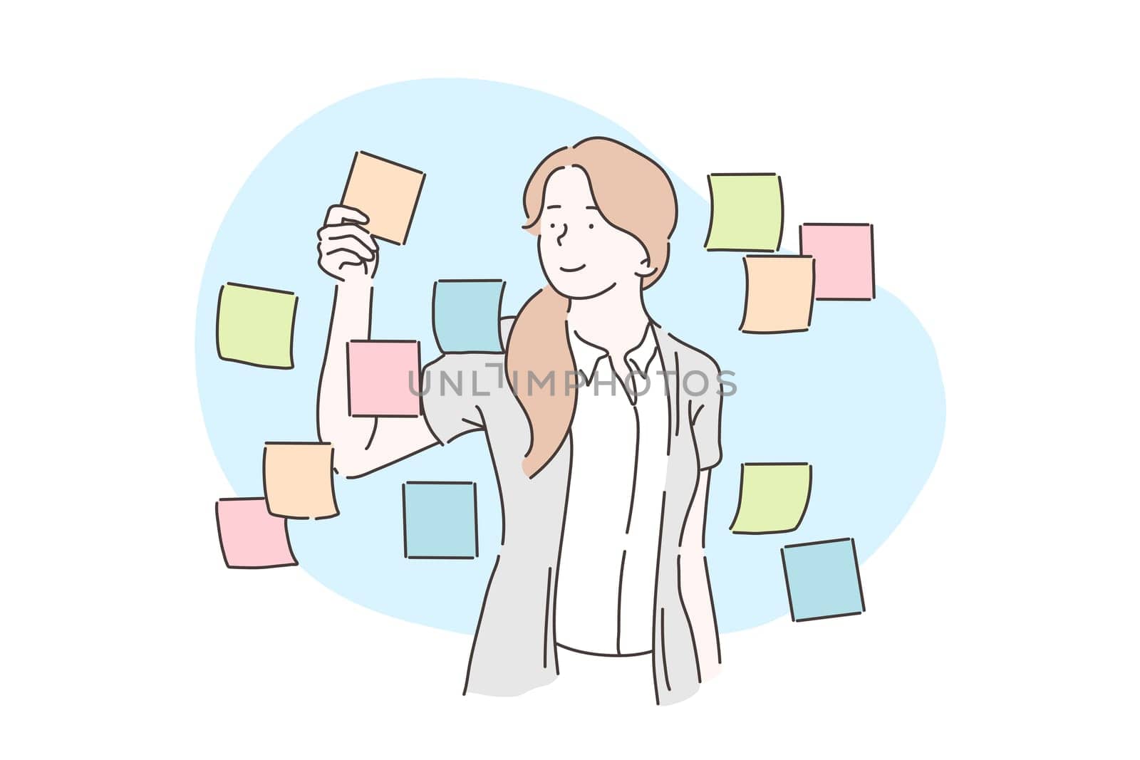 Planning, analysis, business plan concept. Businesswoman sticking adhesive notes on wall in office. A young girl glues paper stickers on the glass. Vector flat design.