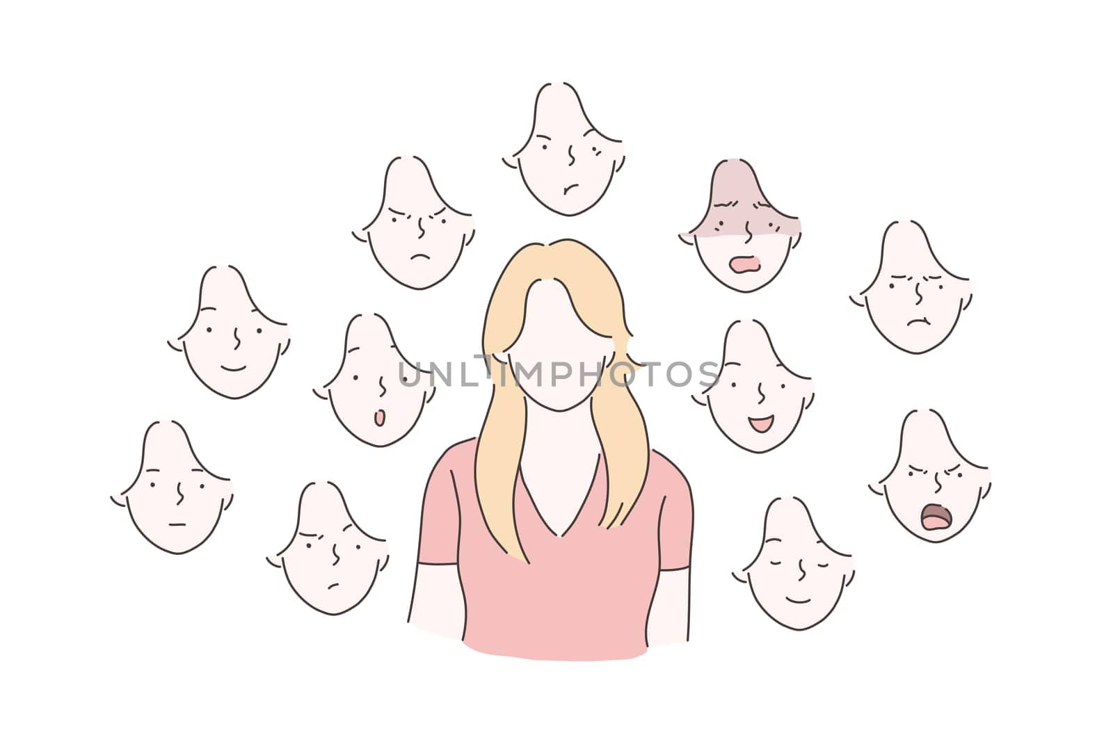 Set of woman emotions concept. Young girl with surprised, angry, scared, happy, smiling, joyful facial expression. Vector flat design.