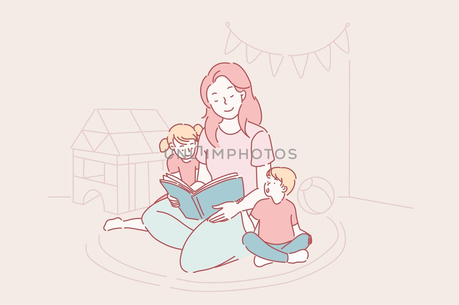 Mother s day, kindergarten, motherhood concept. A young mother reads fairy tales to her son and daughter, children learn letters together with a nanny, a teacher from kindergarten teaches children.