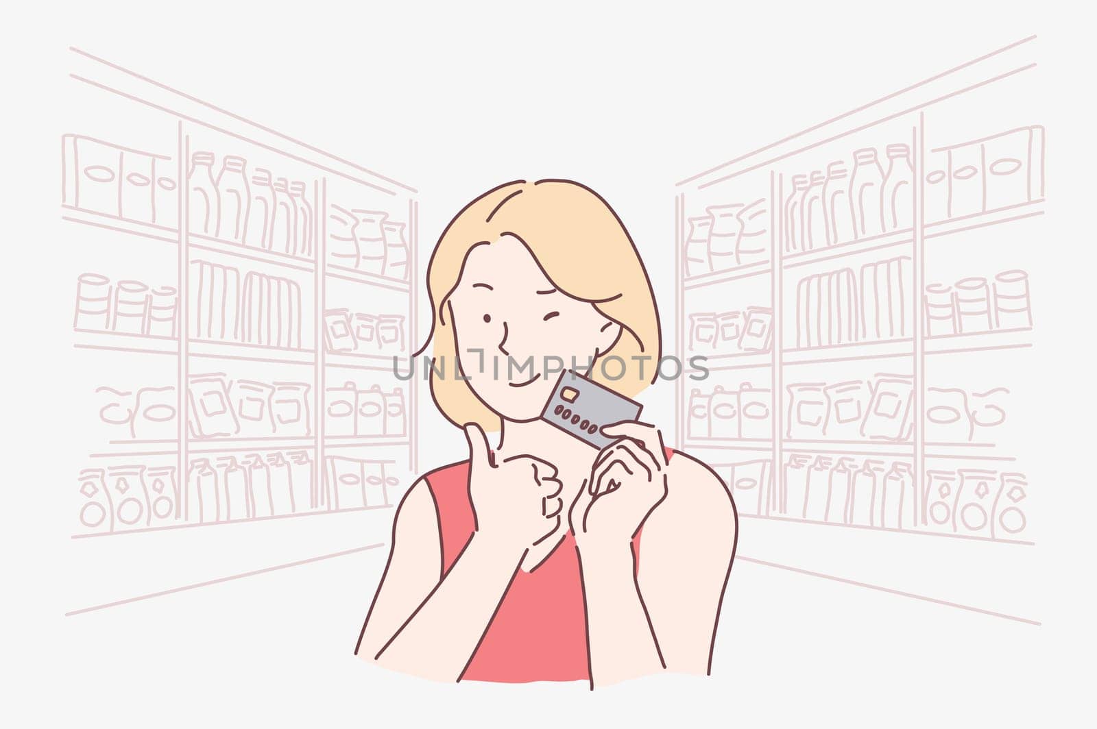 Shopping, profitable, advertising, unlimited concept. Young beautiful happy woman ready to buy in a boutique or shop. Cute business girl promotes ladies, offers banking services, credit. Vector flat design.