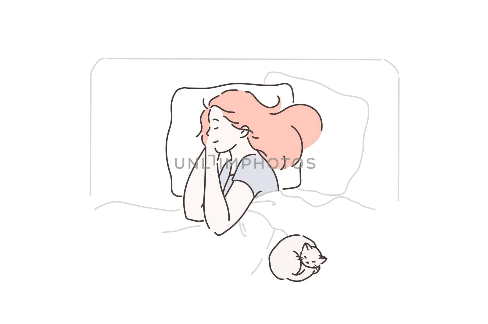 Sleep, fatigue, pleasure, favorite concept. Young, beautiful, calm, peaceful woman enjoys sleep in her comfortable bed. Cute girl resting after a working or school day with your pet. Vector flat design.