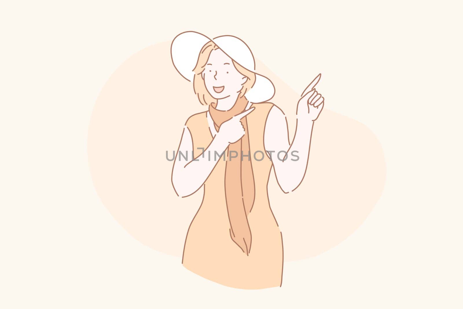 Promotion, marketing, advertisement concept. A young woman or girl points away with both fore fingers, shows blank space for your promotion. Vector flat design.