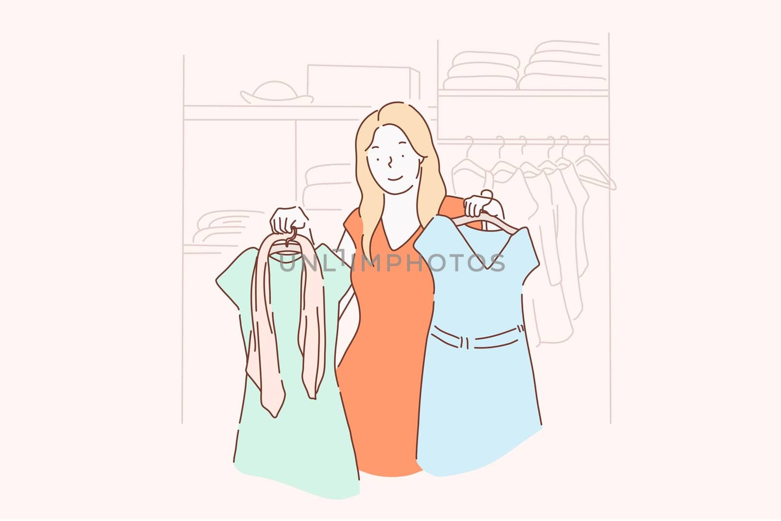 Shopping, fashion, dress, clothes concept. A young girl chooses, measures, sells or buys fashion dresses at a clothing store or home. Vector flat design.