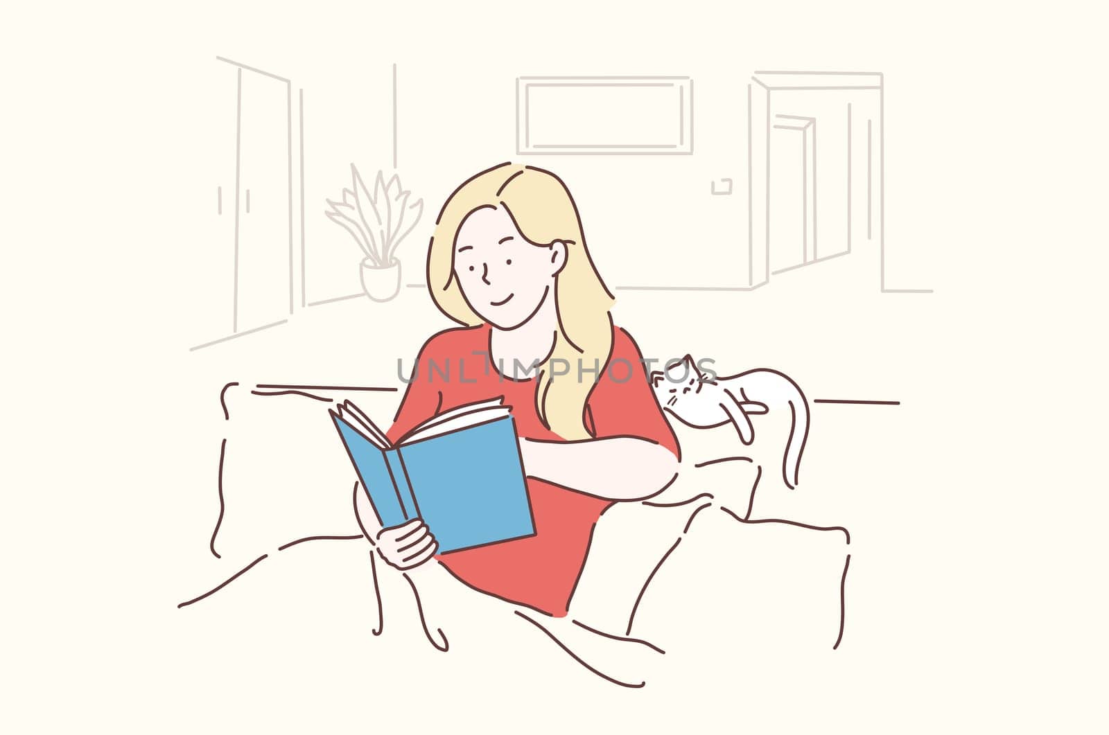Leisure, Lifestyle, nostalgically, Learning concept. Young, beautiful Woman sits in a cozy pose and reads her favorite literature, studies science. Teenager girl student funny nastolgiya scans of old photos. Vector flat design.