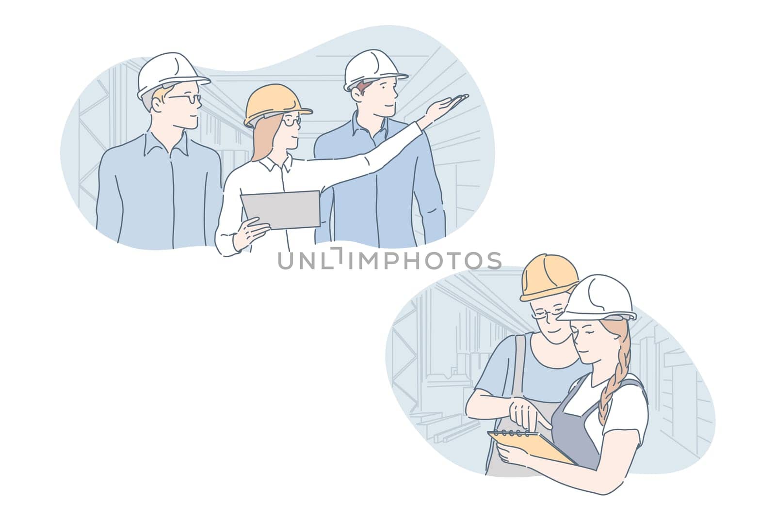 Engineer, industrial, building, teamwork set concept. Men and women present building. Boy and girl builders do teamwork, check plan of industrial project. Engineer examines factory. Simple flat vector