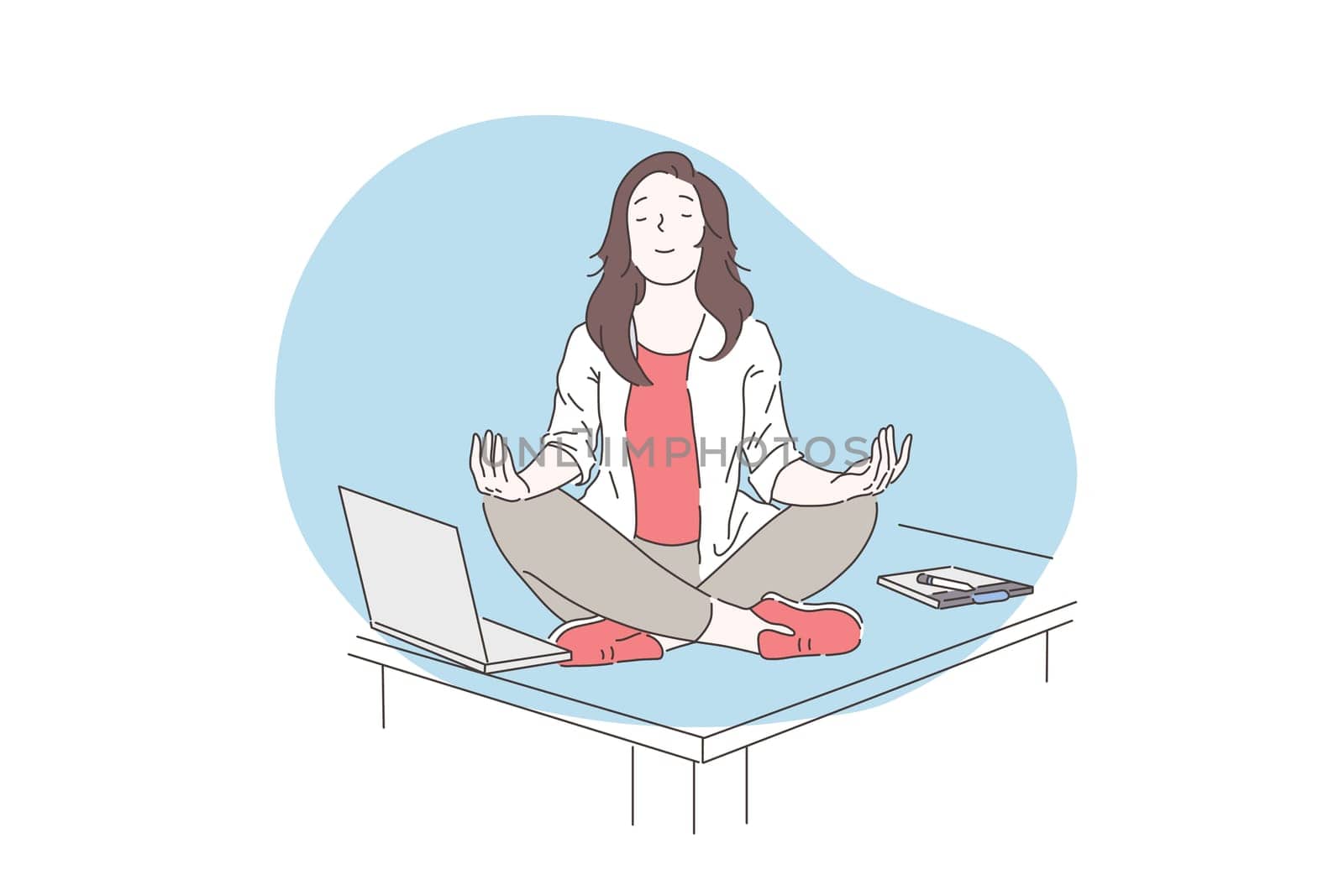 Mindfulness, meditation, mental health concept. Happy business woman or young girl meditating on the desktop in the office. Vector flat design.