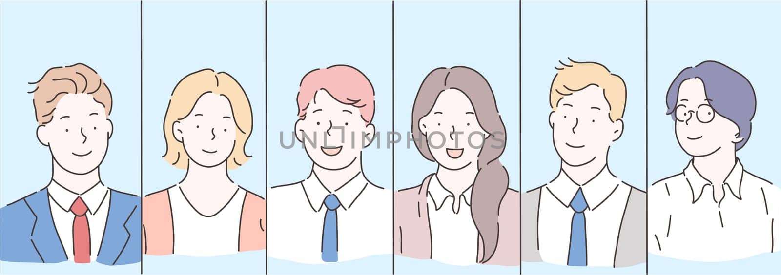 Team, teamwork, business people concept. Collage happy businessmen, business women or office clerks set.