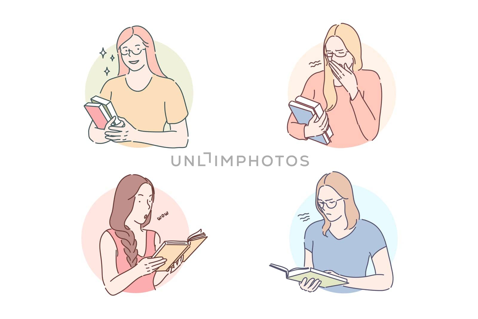 Reading interesting or boring book set concept. Woman yawns, reading boring journal. Bored girl reads book. Female has interesting magazine. Student studies tutorial with interest. Simple flat vector