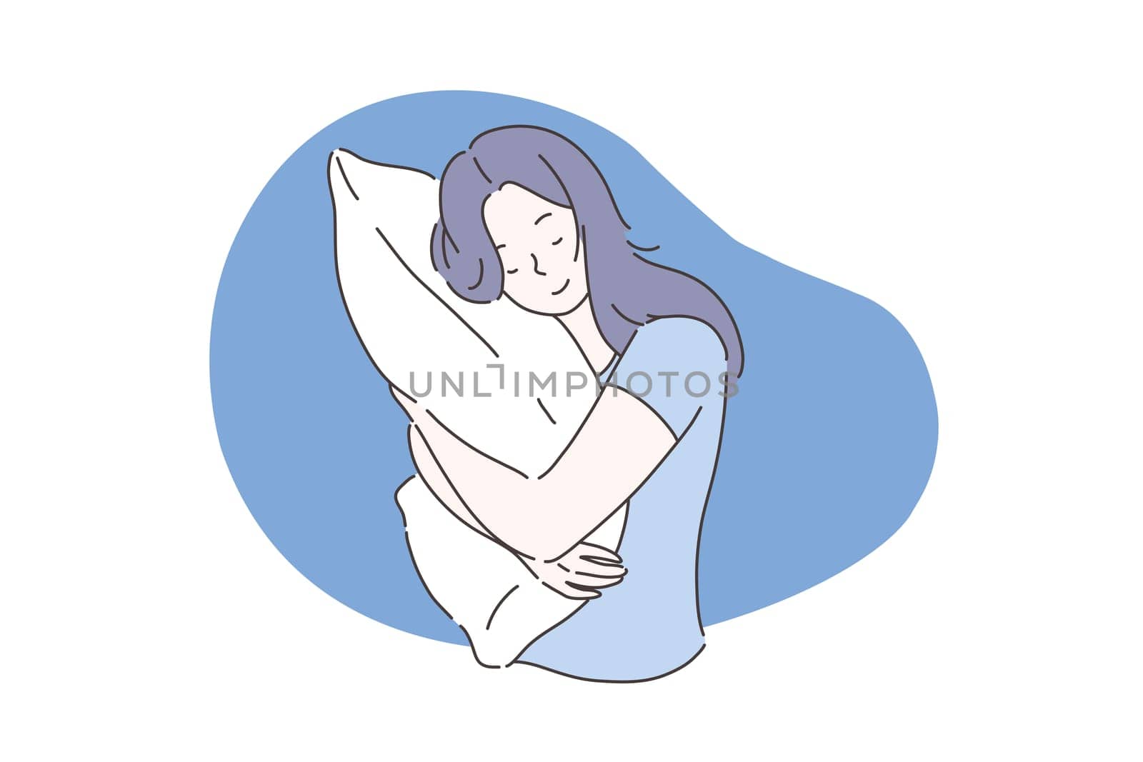 Sweet dream or sleep concept. Sleeping young girl hugs or holding a pillow or overslept to work. The woman took a sleeping pill for insomnia. Vector flat design.