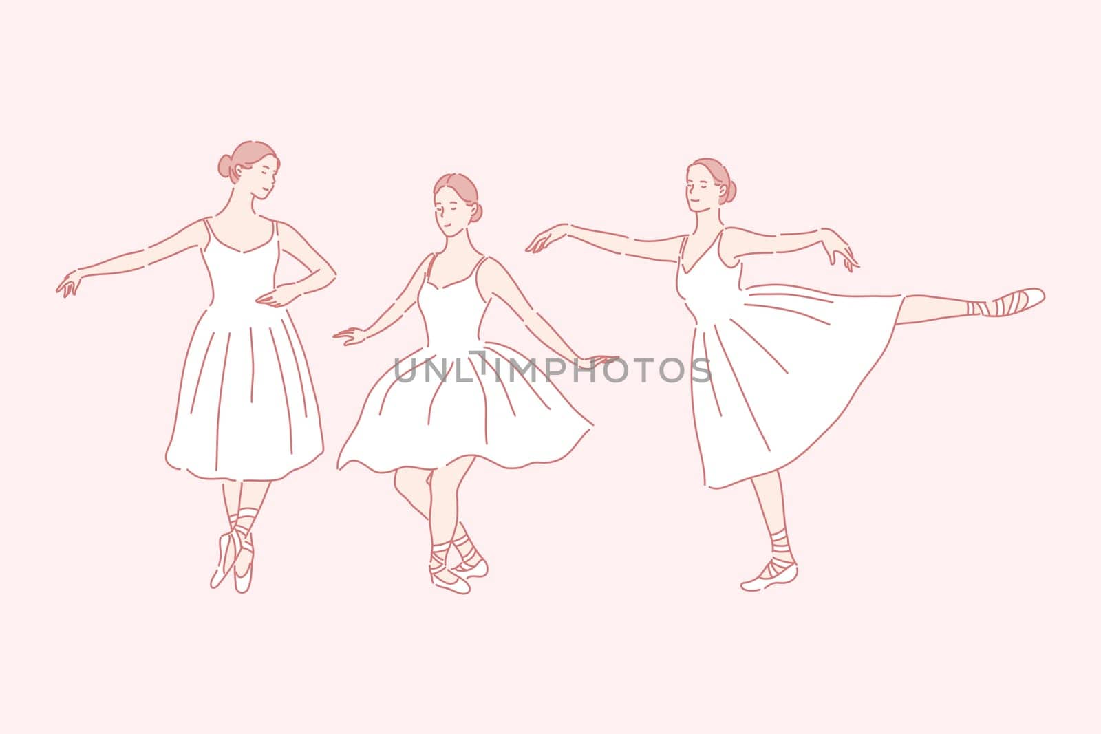 Dancing, ballet, teaching set concept. Young woman is russian ballet dancer. Graceful girl is being taught ballet. Cheerful female ballerina loves dancing and doing perfomance. Simple flat vector.