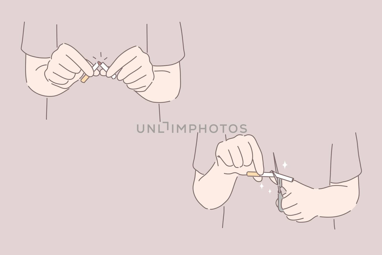 Stop or no smoking set concept. Hands are breaking cigarettes. Stopping to smoke, cutting cigarettes with scissors. Mans hands are leaving off smoking. Qutting from addiction. Simple flat vector