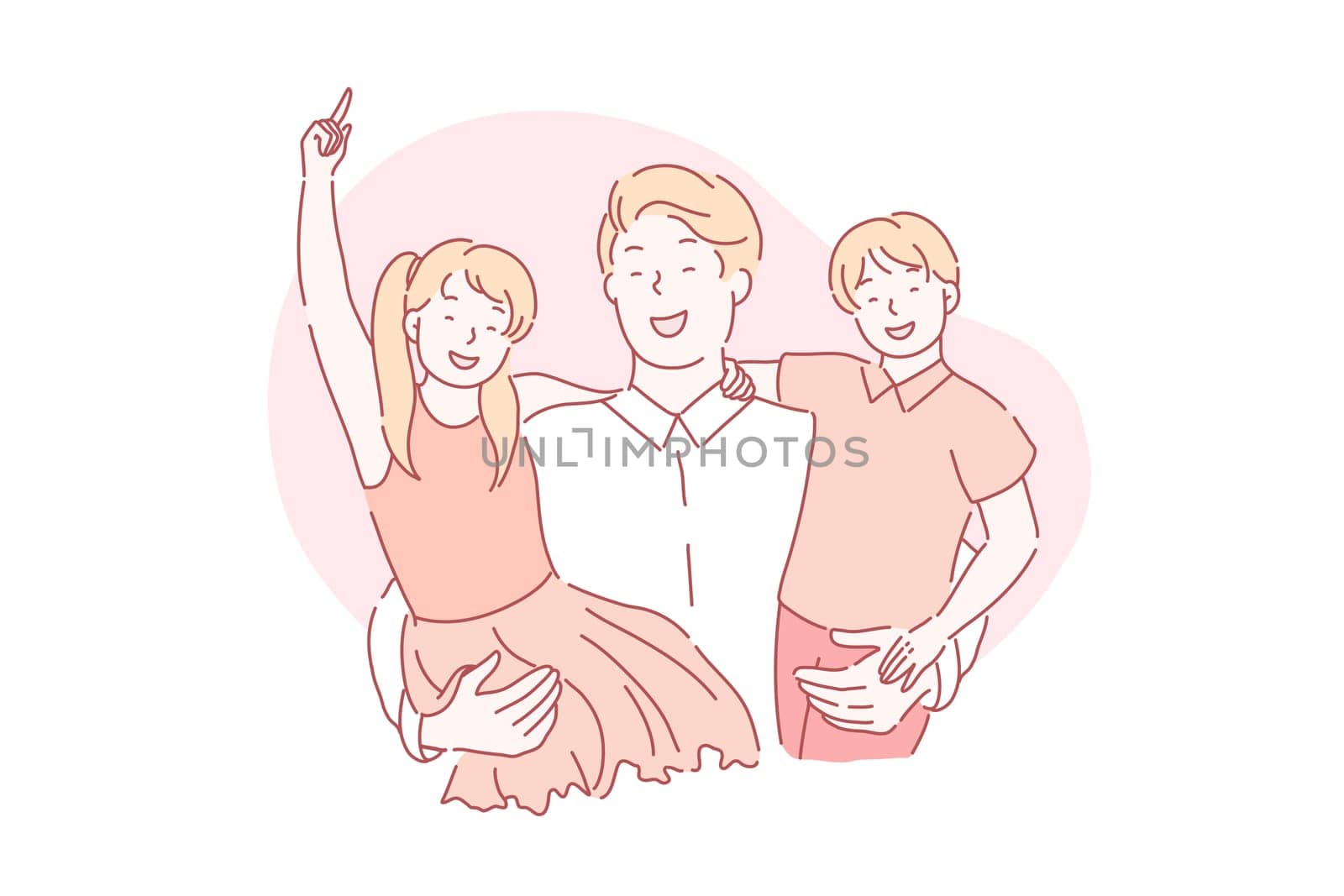 Fathers day, fatherhood, holiday concept. A loving young father holds his happy children in his arms. Laughing daughter and son hug their dad. Vector flat design.