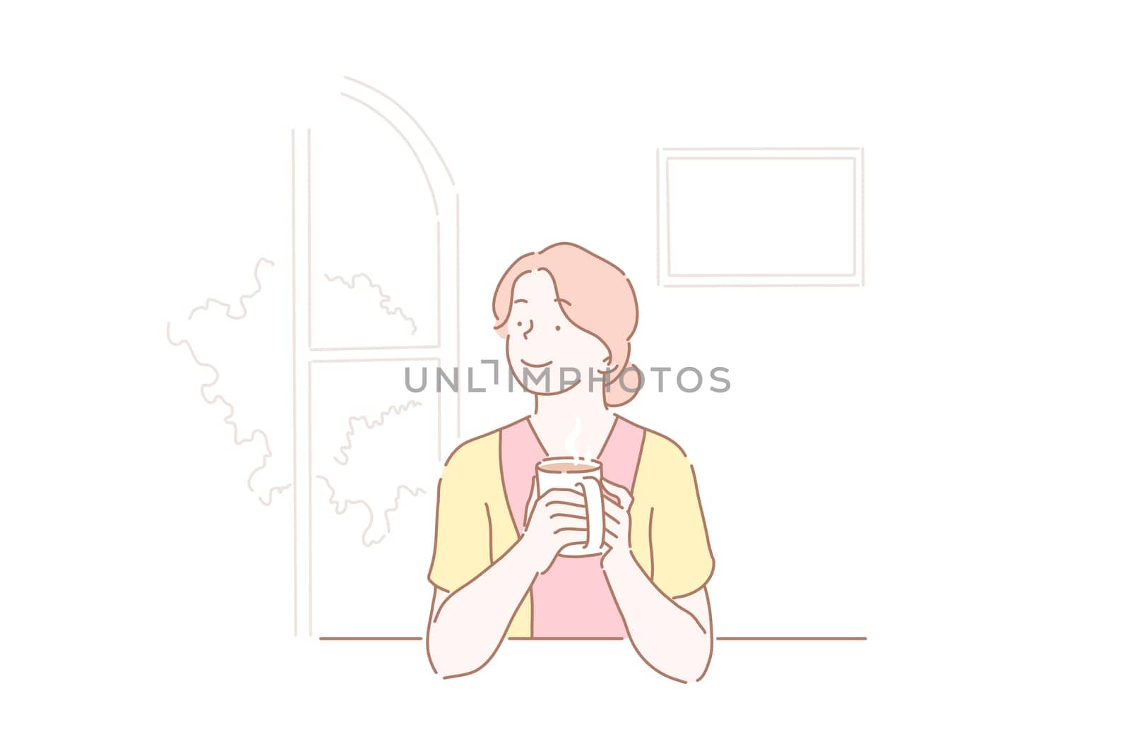 Girl in love dreams of, thinks, or resting drinking a cup of coffee at kitchen. Happy young housewife after work at home. Vector flat design.