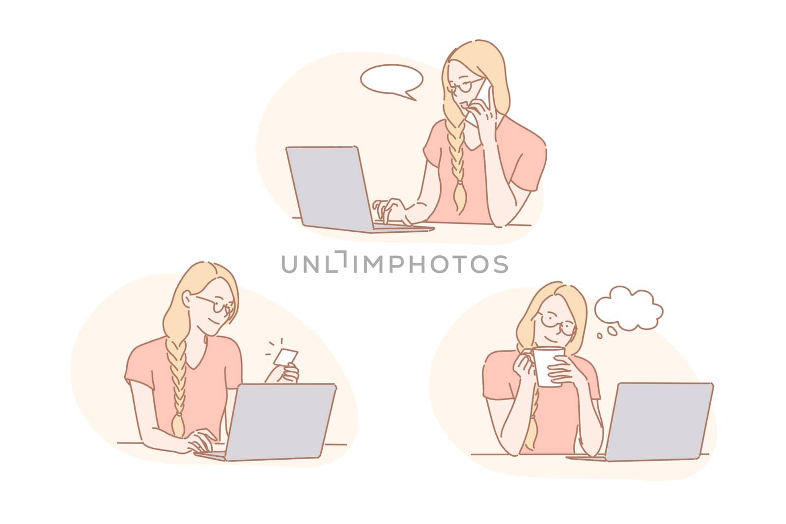 Communication, thinking, online payment set concept. Woman makes online payment on internet. Girl has job interview calling number on visiting card. Businesswoman waits for answer. Simple flat vector