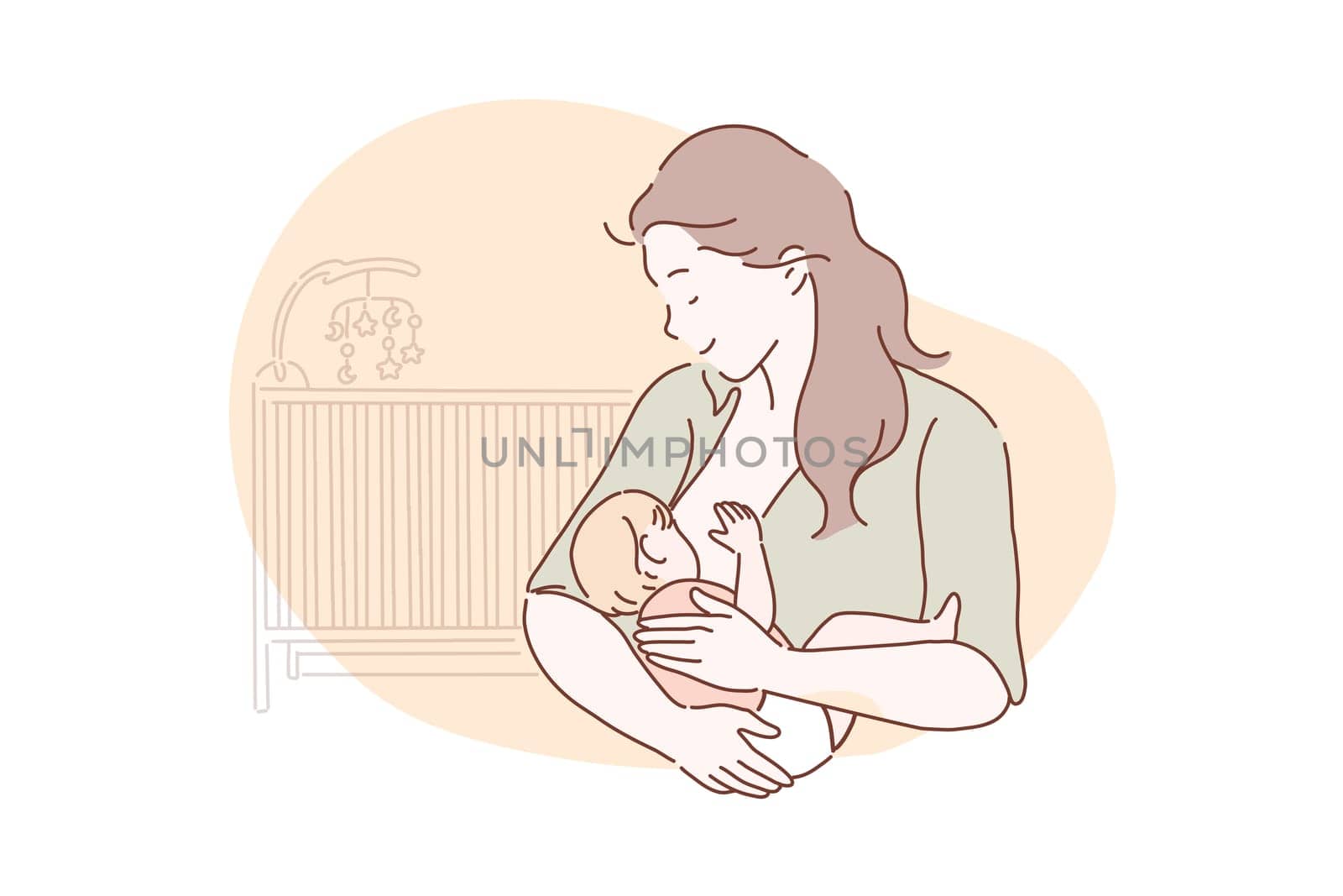 Breastfeeding, motherhood, childhood concept. New mom breastfeeding a newborn baby. A mother loves, cares, hugs her child. Vector flat design.