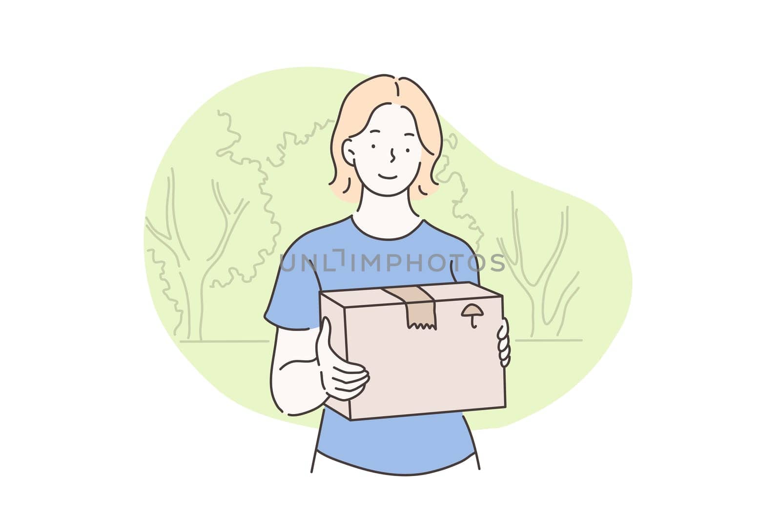 Postman, shipping, delivery, courier concept. Girl working, delivers the purchase to the recipient. Young beautiful woman in holding out cardboard box. Vector flat design.
