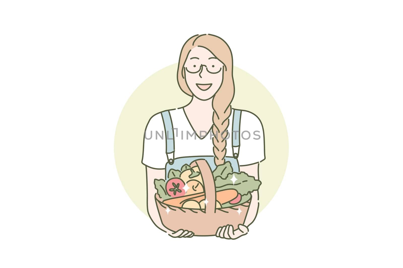 Harvesting, farmer, eco vegan food concept. Happy woman holds basket of vegetarian food. Basket of vegetables was brought by girl from harvesting. Farmer likes healthy nutrition. Simple flat vector