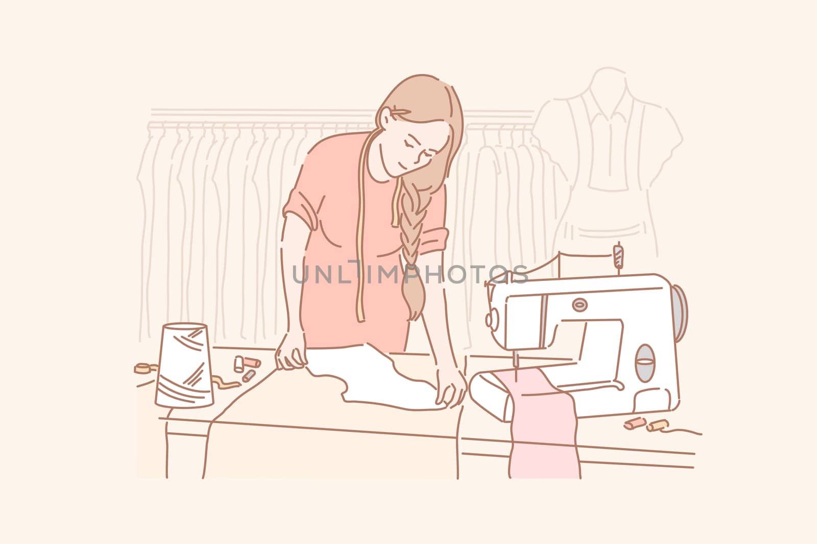 Tailor, dressmaking, sewing concept. Young woman is sewing clothes in her clothing store. Dressmaking is profitable business. Happy girl tailor is darning blouse in fabric. Simple flat vector