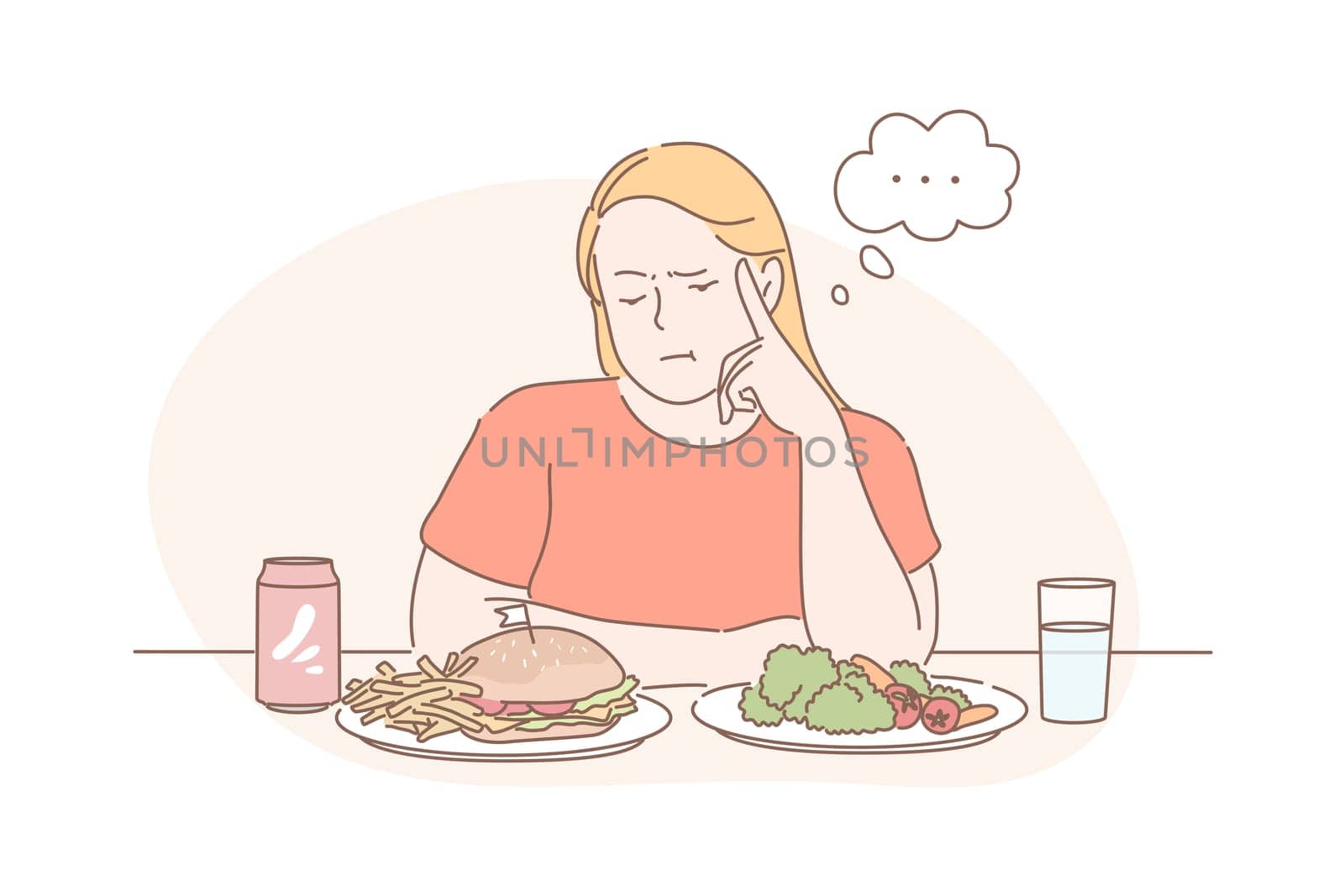 Diet, weight loss, choice, fast or vegan food concept. Young thoughtful woman cant choose between fast or vegetarian food. Fat girl is thinking about junk and healthy food. Simple flat vector