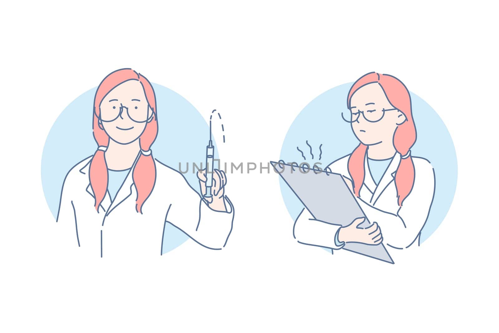Medical procedures and examination set concept. Young woman pupil doctor do procedures, shows syringe with cure. Serious schoolgirl is taking notes on electronic board. Simple flat vector