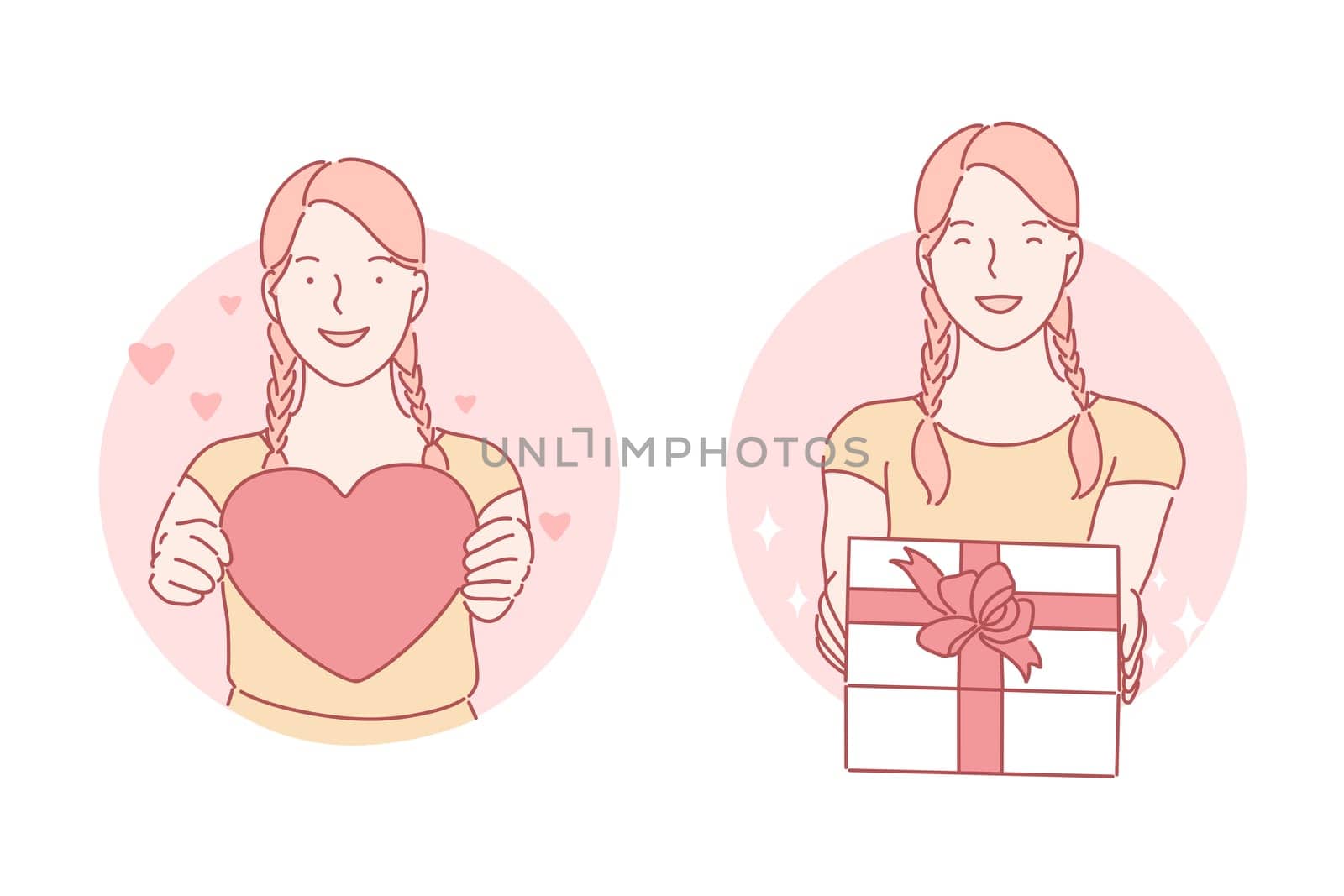 Heart, gift, birthday set concept. Young cheerful woman presents heart on valentines day. Happy girl is giving gift on birthday. Hearted girlfriend gifts present at anniversary. Simple flat vector