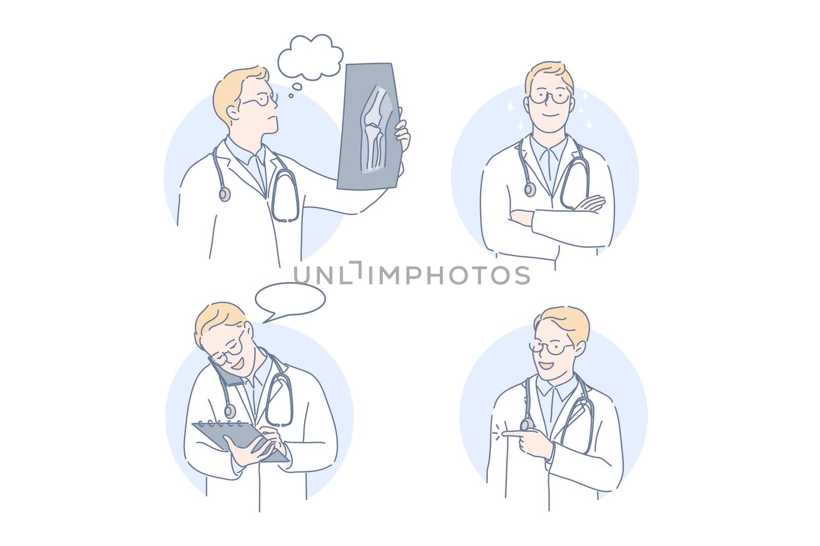 Doctor, therapist, medicine set concept. Man doctor looks at results of examination talking on mobile phone. Young boy therapist makes offer. Intern is thinking of xray results. Simple flat vector
