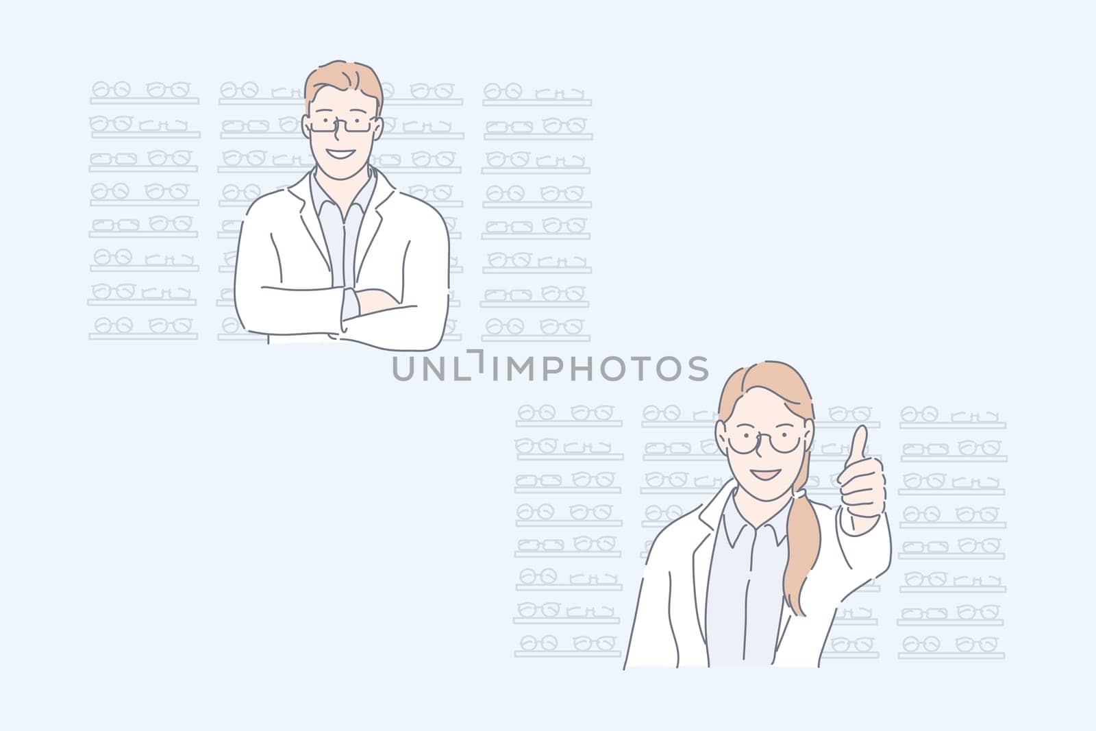 Optics store, oculist, eyes health set concept. Young man oculist advertises his optics store. Happy woman doctor shows like and presents assortment of glasses for eyes health. Simple flat vector