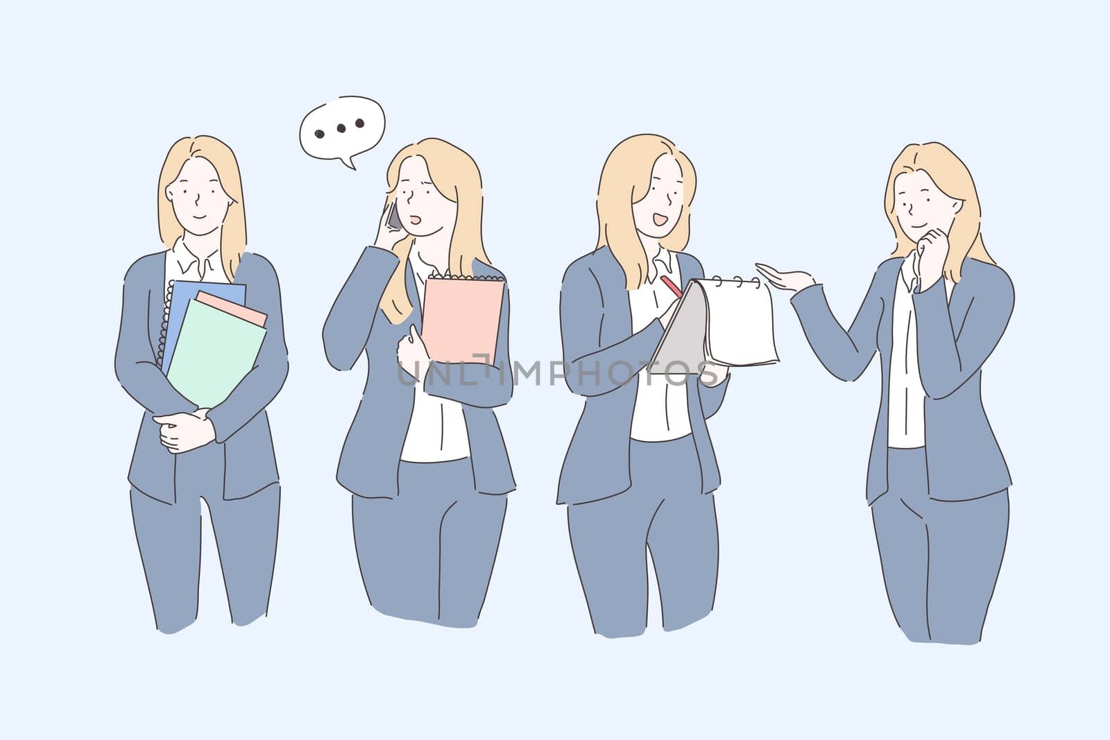 Business, planning, communication, presentation set. Young businesswoman or lady is busy with work management , customer service. Teacher or student preparing for the test. Vector flat design.