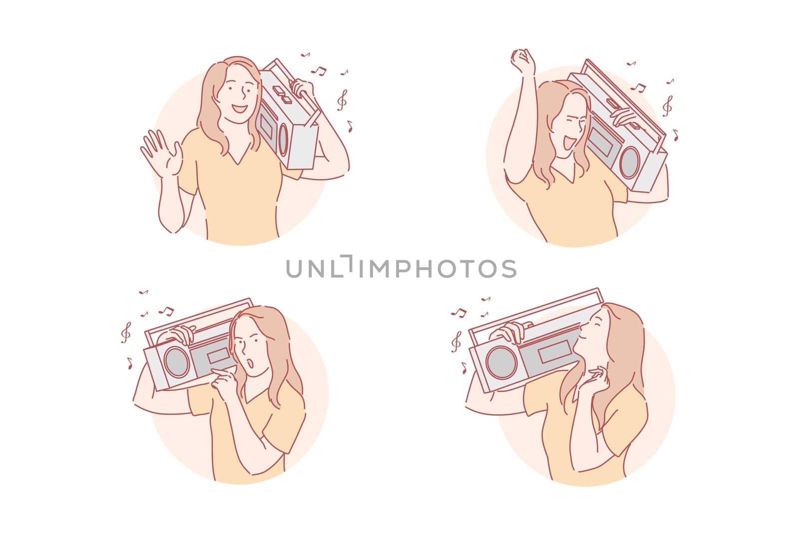 Dancing and listening music on retro recorder set concept. Young woman listens music from tape recorder. Girl enjoys musical composition sounding in cassette player and sings along. Simple flat vector