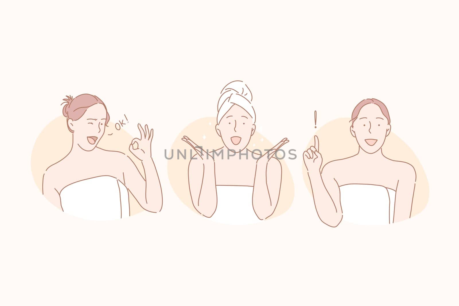 Beauty, skincare, spa set concept. Young beautiful woman covering in towel shows ok sign. Girl is surprised by effect of skincare ointment . Happy female got idea to go to spa. Simple flat vector.