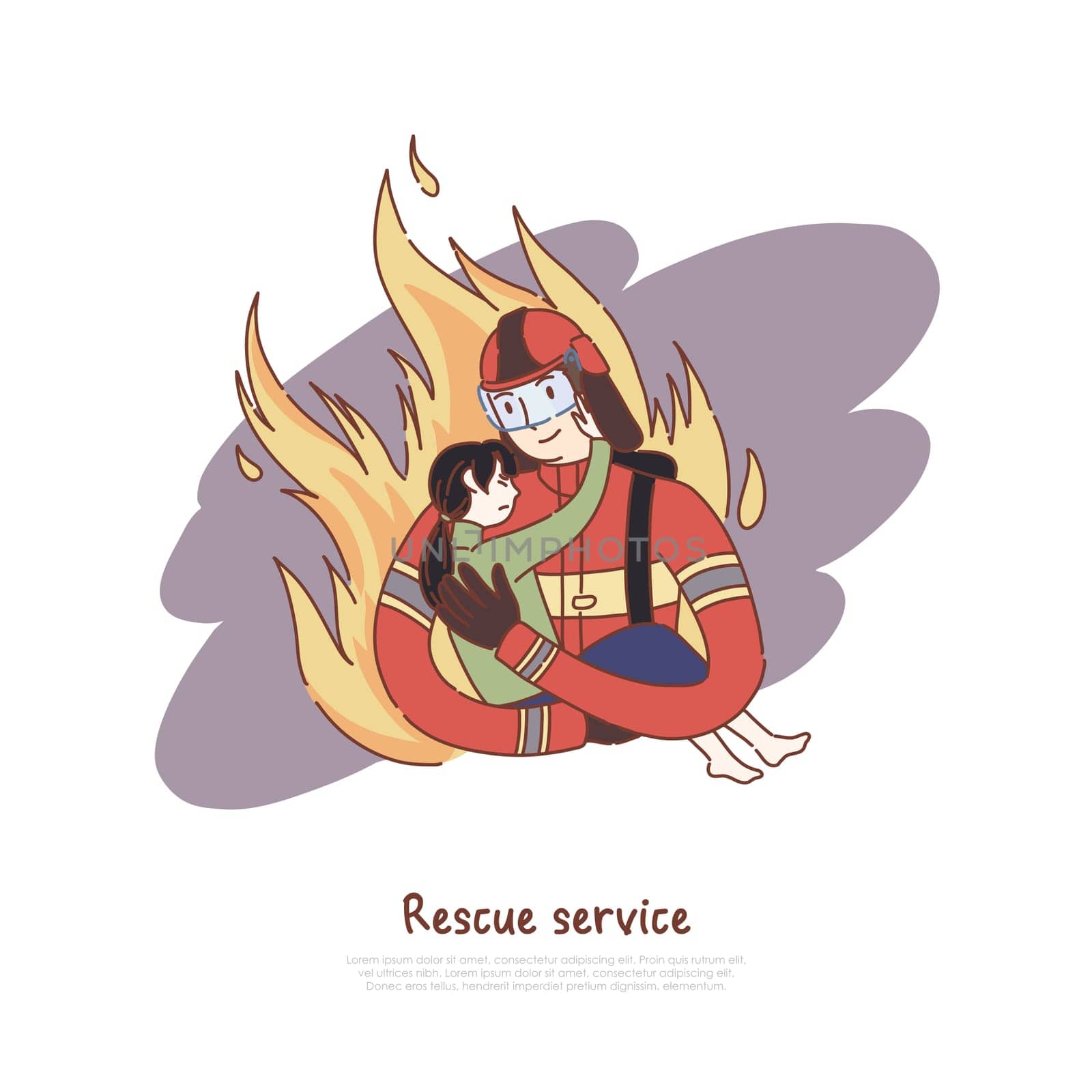 Brave firefighter holding little girl, dangerous profession, rescuer with child, emergency rescue service banner. Fireman in uniform on flame concept cartoon sketch. Flat vector illustration