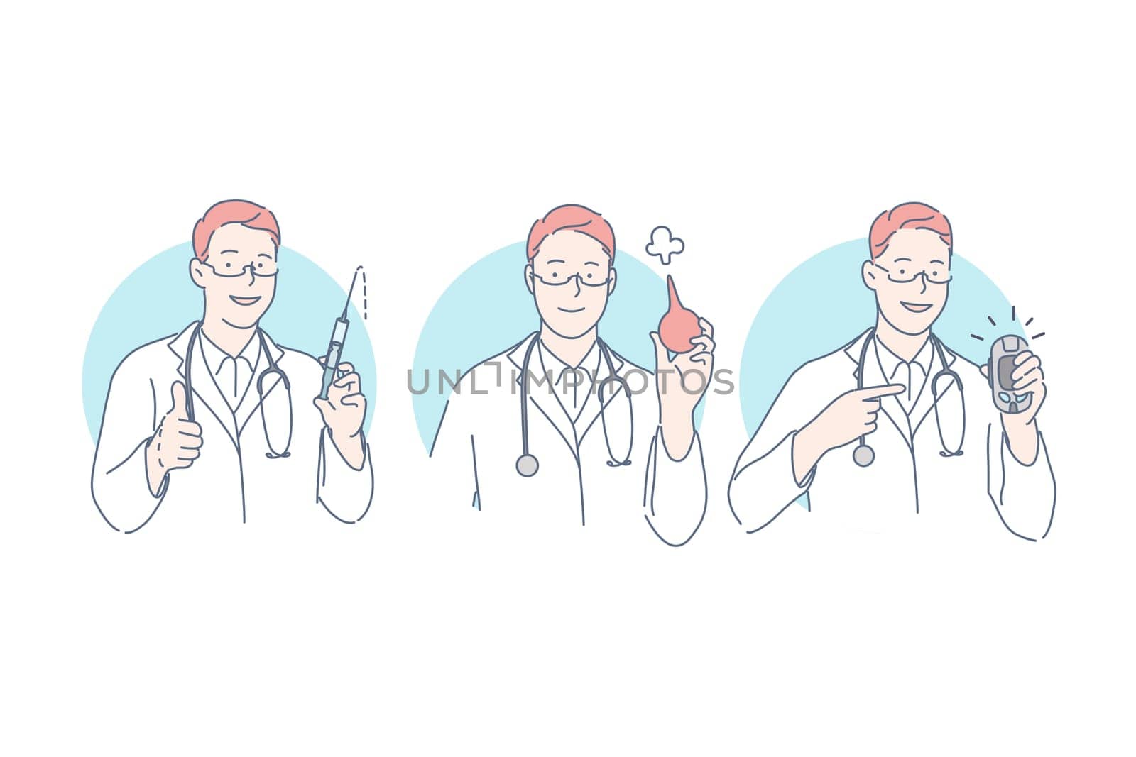 Doctor, medical procedures set concept. Young man doctor with syringe full of cure show like. Happy boy physiotherapist demonstrates enema. Male nurse offers to use glucometer. Simple flat vector